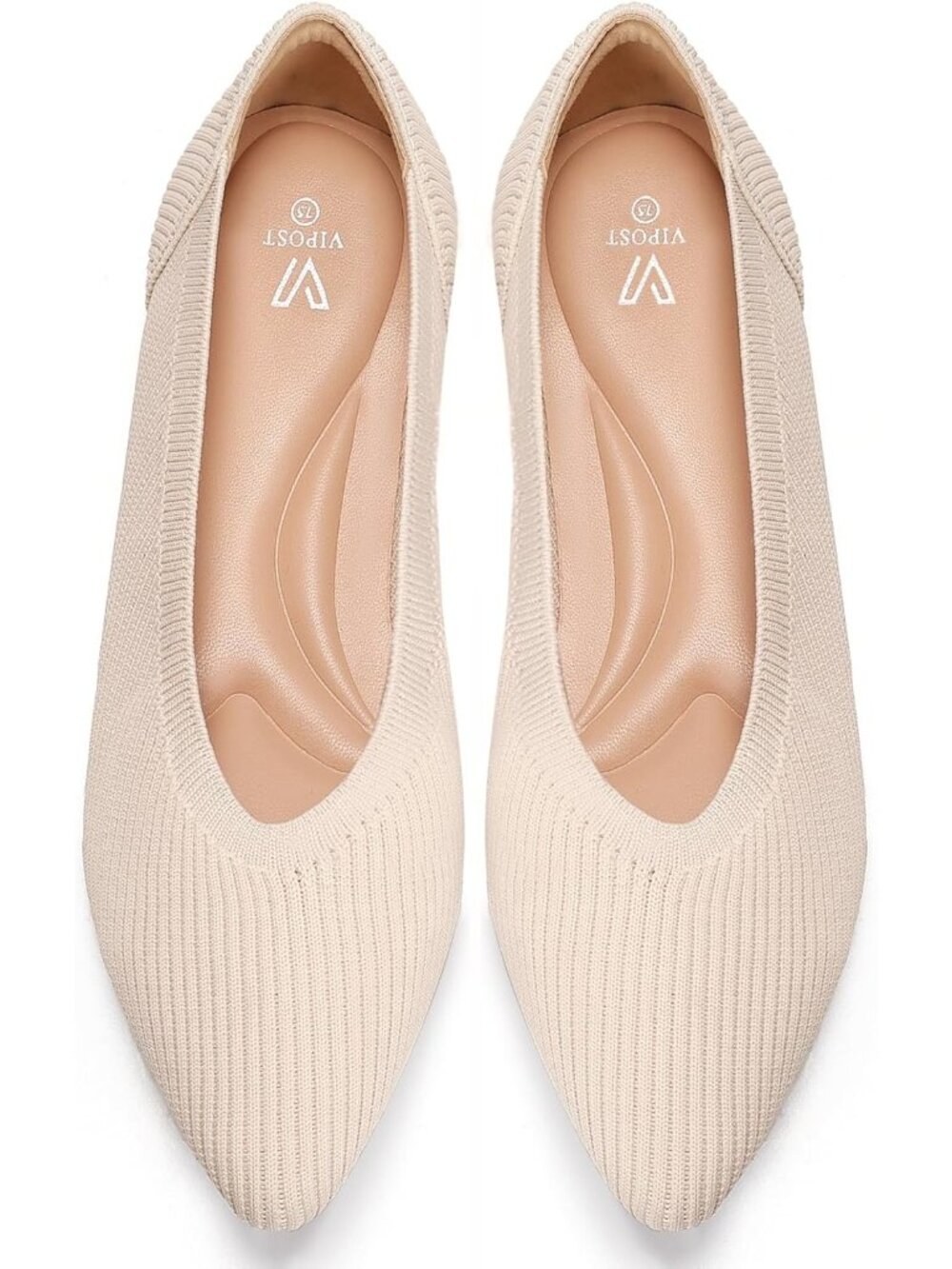 Women's Beige Pointed Toe Comfort Foldable Slip On Dressy Knit Ballet Flat Shoes
